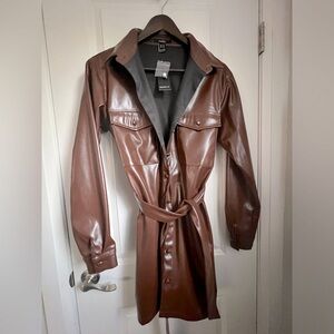 Forever 21 brown faux leather long button up jacket size M